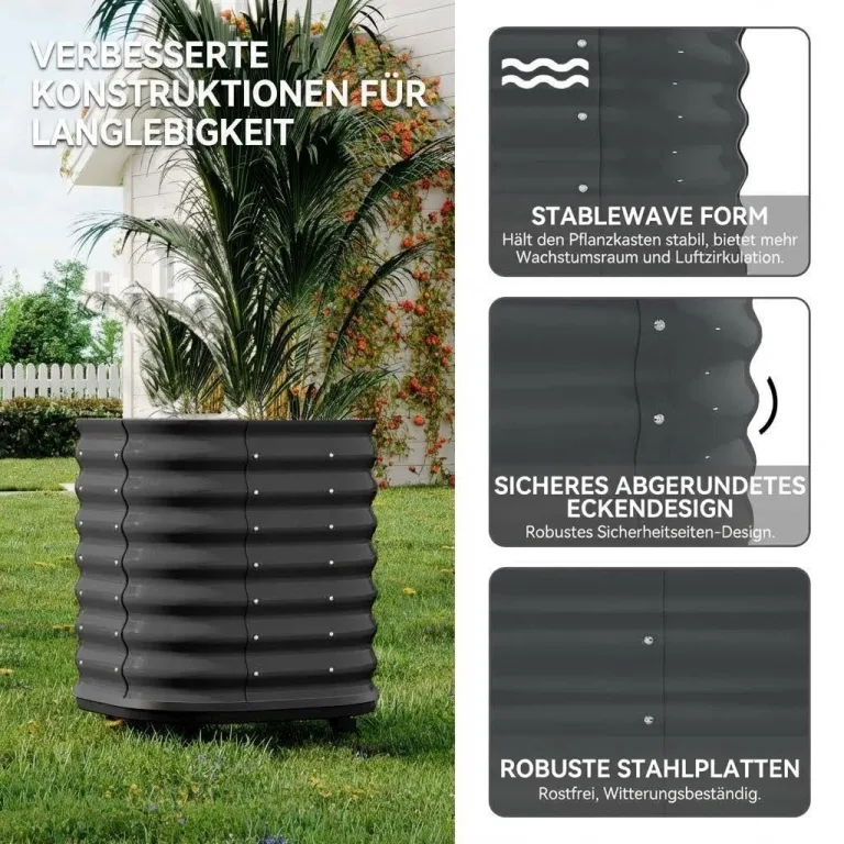 Verzinktes Hochbeet mit Rollen und Selbstbewässerungssystem, mobiler Pflanzkasten aus Metall mit Wasserreservoir für Balkon, Terrasse & Garten, ideal für Gemüse, Kräuter und Blumen, 60x60x70cm, Grau – Bild 2
