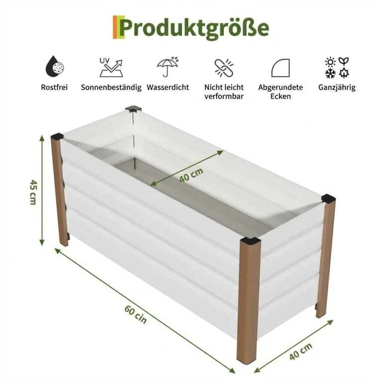 Hochbeet aus Aluminium 100x40x45 cm – Wetterfester Pflanzkasten mit Drainagelöchern, Tiefe Ausführung, Abgerundete Ecken & Anti-Schnitt-Kanten – Robust & Rostfrei für Terrasse, Balkon, Garten, Weiß – Bild 2