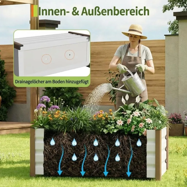 Hochbeet aus Aluminium 100x40x45 cm – Wetterfester Pflanzkasten mit Drainagelöchern, Tiefe Ausführung, Abgerundete Ecken & Anti-Schnitt-Kanten – Robust & Rostfrei für Terrasse, Balkon, Garten, Weiß – Bild 3