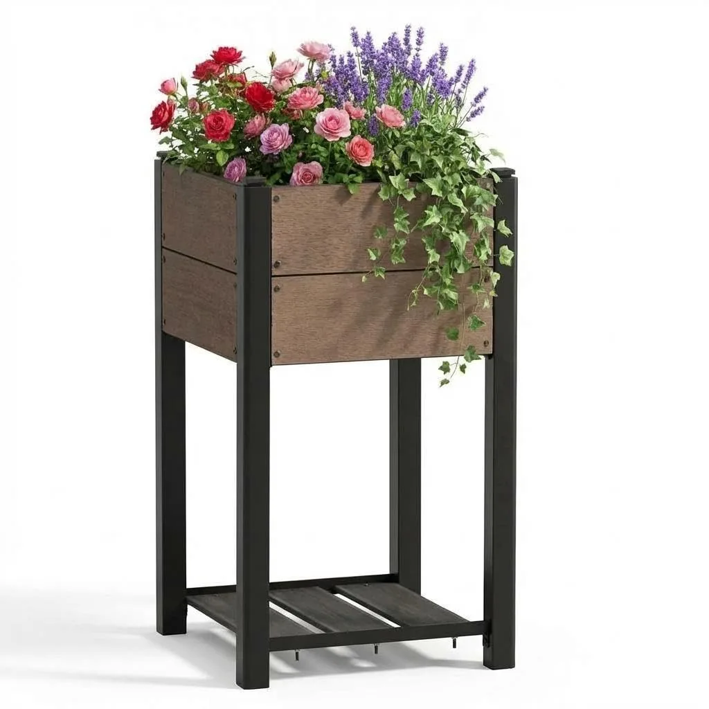HDPE Hochbeet mit Beinen & Ablage, Holzoptik Pflanzkasten wetterfest, erhöhter Pflanzkübel mit Aluminiumrahmen, für Gemüse, Kräuter & Blumen, Balkon Terrasse Garten, 49x49x85cm - Bild 1