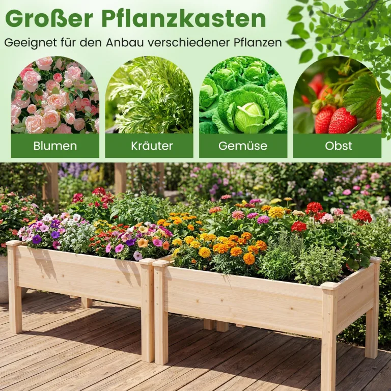 COSTWAY 2 er Hochbeet Holz, Pflanzbeet für Kinder, 122 x 62 x 48 cm, Pflanzkasten bis 130 kg, Blumenkübel mit Ablauflöchern, Kräuterbeet rechteckig, Anzuchtbeet Garten Terrasse Balkon, Natur – Bild 7