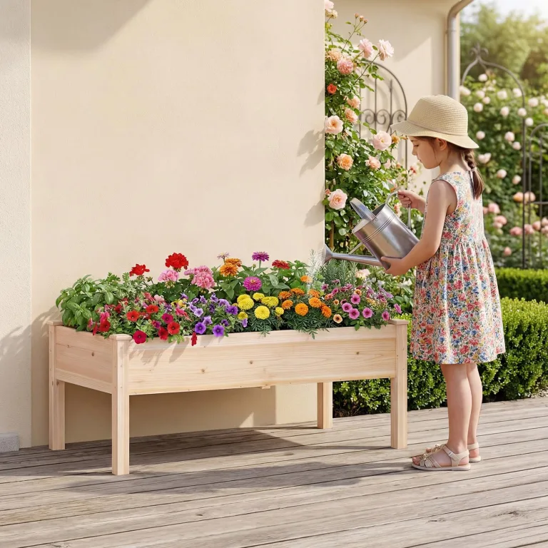 COSTWAY Hochbeet Holz, Pflanzbeet für Kinder, 122 x 62 x 48 cm, Pflanzkasten bis 130 kg, Blumenkübel mit Ablauflöchern, Kräuterbeet rechteckig, Anzuchtbeet Garten Terrasse Balkon, Natur – Bild 2