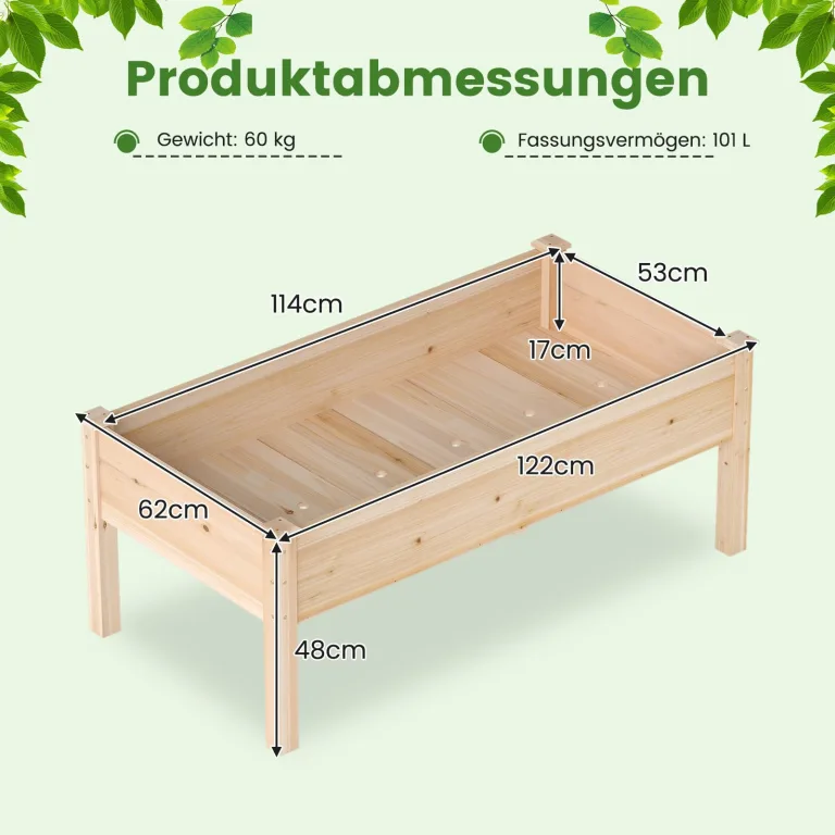 COSTWAY Hochbeet Holz, Pflanzbeet für Kinder, 122 x 62 x 48 cm, Pflanzkasten bis 130 kg, Blumenkübel mit Ablauflöchern, Kräuterbeet rechteckig, Anzuchtbeet Garten Terrasse Balkon, Natur – Bild 3