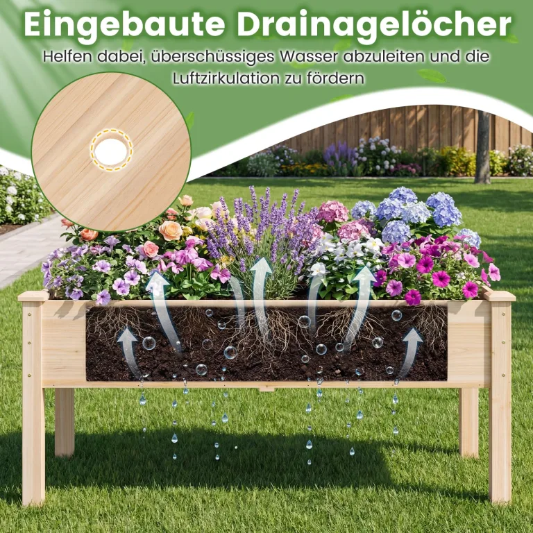 COSTWAY Hochbeet Holz, Pflanzbeet für Kinder, 122 x 62 x 48 cm, Pflanzkasten bis 130 kg, Blumenkübel mit Ablauflöchern, Kräuterbeet rechteckig, Anzuchtbeet Garten Terrasse Balkon, Natur – Bild 4