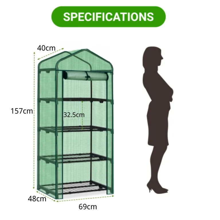 LEADZM Gewächshaus mit UV-beständiger PE-Gitterfolie,4 Metallablagegittern, Sturm-Winterfest, Schutz vor Kälte,Frost, Anzucht für Tomaten & Pflanzen, Balkon Garten (Grün, 69 x 48 x 157 cm) – Bild 2