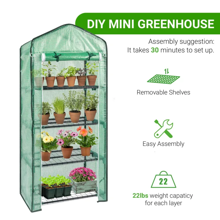 LEADZM Gewächshaus mit UV-beständiger PE-Gitterfolie,4 Metallablagegittern, Sturm-Winterfest, Schutz vor Kälte,Frost, Anzucht für Tomaten & Pflanzen, Balkon Garten (Grün, 69 x 48 x 157 cm) – Bild 4