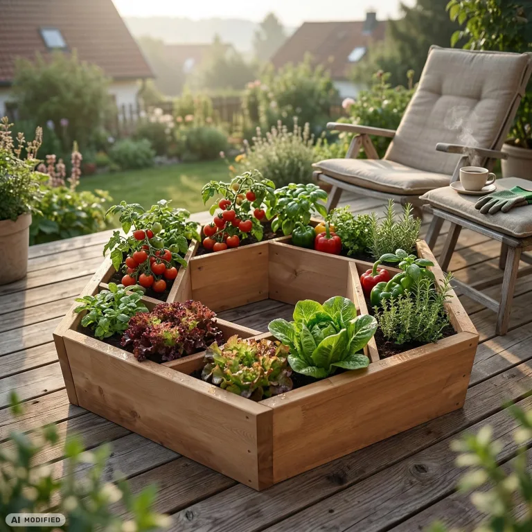 Multi Hochbeet mit 7 Pflanzkästen sechseckig aus Holz für Garten Balkon Terrasse, Kräuterbeet-Rahmen Pflanzbeet Blumenbeet niedrig, 100 x 100 x 18 cm, braun – Bild 2