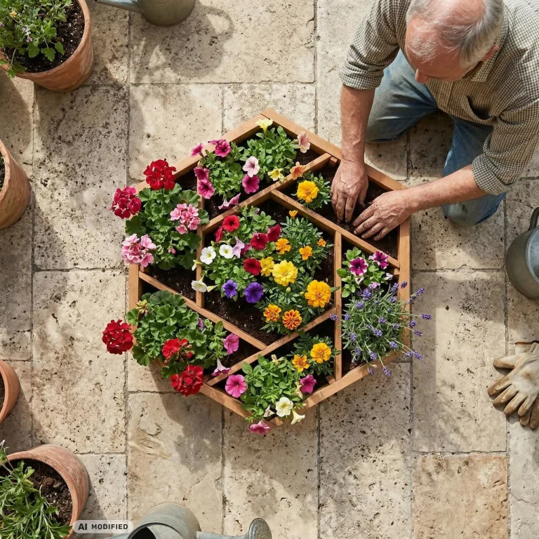 Multi Hochbeet mit 7 Pflanzkästen sechseckig aus Holz für Garten Balkon Terrasse, Kräuterbeet-Rahmen Pflanzbeet Blumenbeet niedrig, 100 x 100 x 18 cm, braun – Bild 6