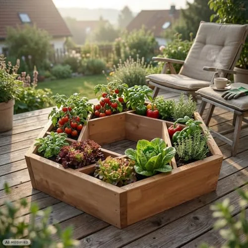 Multi Hochbeet mit 7 Pflanzkästen sechseckig aus Holz für Garten Balkon Terrasse, Kräuterbeet-Rahmen Pflanzbeet Blumenbeet niedrig, 100 x 100 x 18 cm, braun – Bild 10
