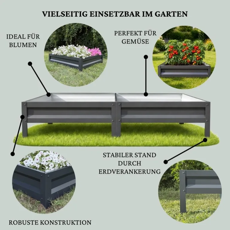 Botanic Hochbeet Metall 200x100x20 cm, verzinkter Stahl, wetterfest & rostfrei, Metallhochbeet Anthrazit mit Bodenankern, stabiles Gartenbeet für Gemüse, Kräuter und Blumen – Bild 4