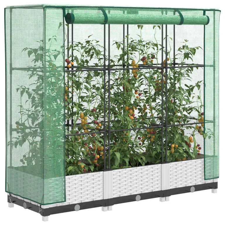 Hochbeet mit Gewächshaus Frühbeet Tomatenhaus 120x40x123 cm Rattan Optik WeiÃŸ, Stabiles PP Beet mit Eisenrahmen und Wasserdichter Abdeckung für Garten Balkon Terrasse – Bild 1