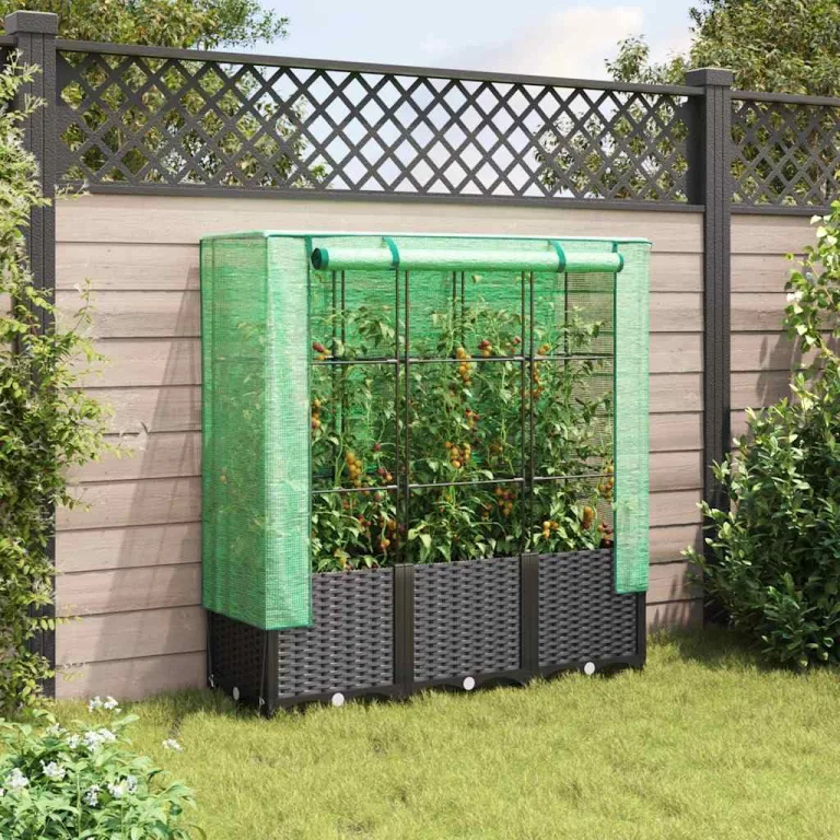 Hochbeet mit Gewächshaus Aufsatz 120x40x138 cm Rattan Optik Frühbeet für Tomaten Gemüse Kräuter Balkon Garten inklusive stabilem Eisenrahmen und wasserdichter Abdeckung – Bild 3