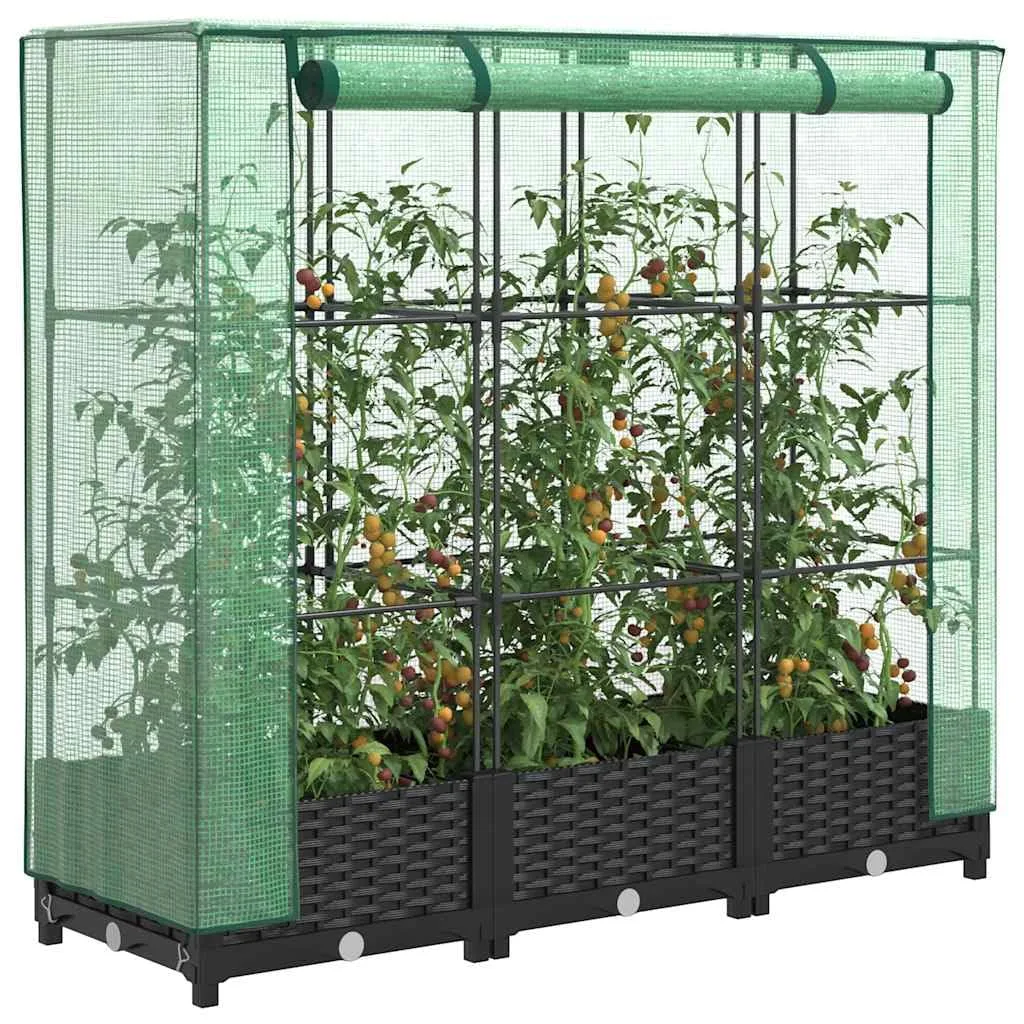 Hochbeet mit Gewächshausabdeckung 120x40x123 cm Rattanoptik für Garten und Balkon, Stabiles PP Beet mit Eisenrahmen & Wasserdichter PE Abdeckung für Gemüse und Kräuter - Bild 1