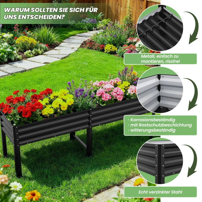 Hochbeet aus Metall, Verzinkter Stahl Rostfrei, 226x60x80 cm Hochbeet für Garten, Terrasse & Balkon, Pflanzkasten für Gemüse, Kräuter und Blumen, Langlebiges Pflanzbeet – Bild 5