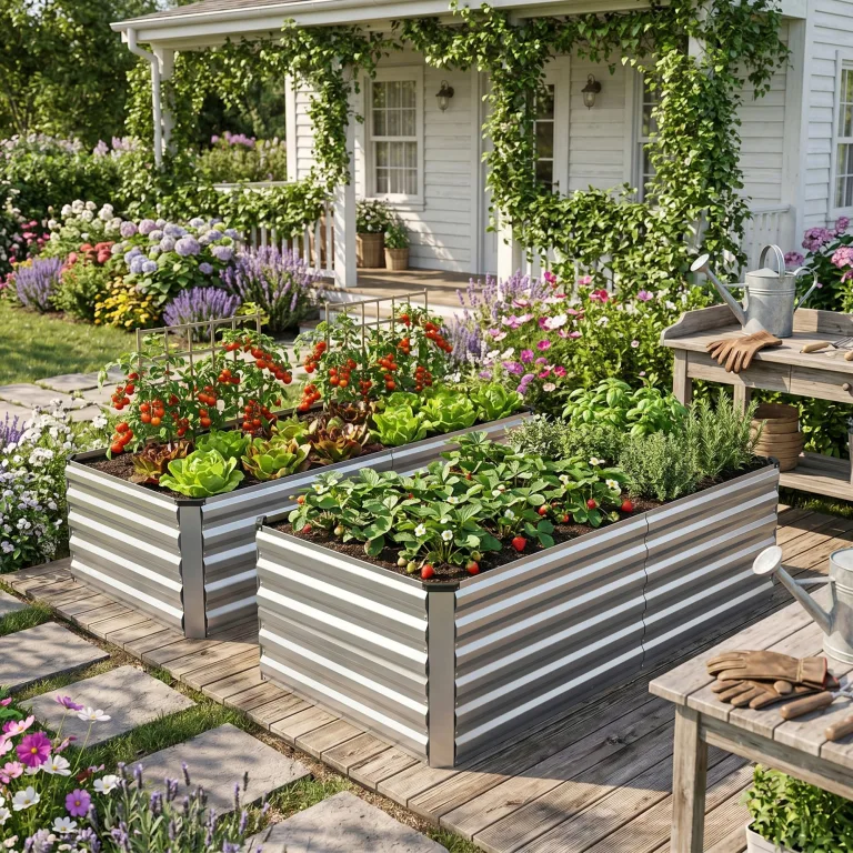 Hochbeet Metall XXL (240x120x60 cm), Wetterfestes Pflanzbeet für Garten & Terrasse, Verzinktes Gemüsebeet mit Stabilisierungsstangen, Pflanzkübel mit Offenem Boden für Tomaten, Silber – Bild 3