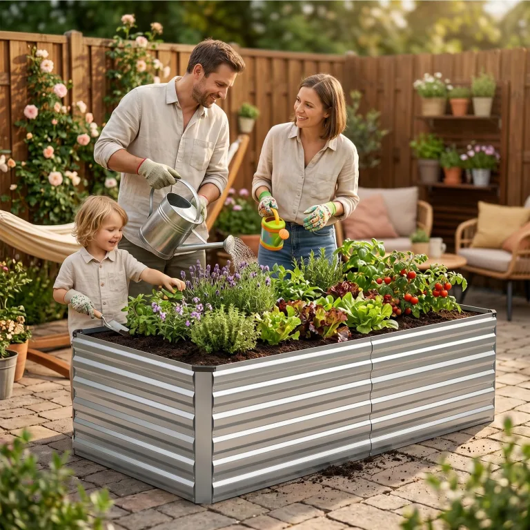 Hochbeet Metall XXL (240x120x60 cm), Wetterfestes Pflanzbeet für Garten & Terrasse, Verzinktes Gemüsebeet mit Stabilisierungsstangen, Pflanzkübel mit Offenem Boden für Tomaten, Silber – Bild 4