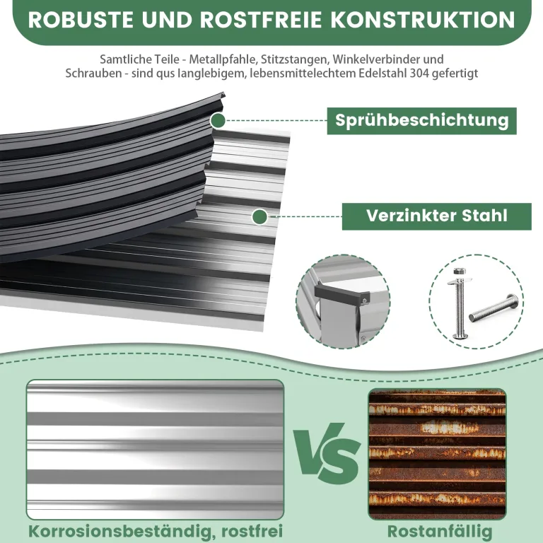 Hochbeet Metall XXL (240x120x60 cm), Wetterfestes Pflanzbeet für Garten & Terrasse, Verzinktes Gemüsebeet mit Stabilisierungsstangen, Pflanzkübel mit Offenem Boden für Tomaten, Silber – Bild 5