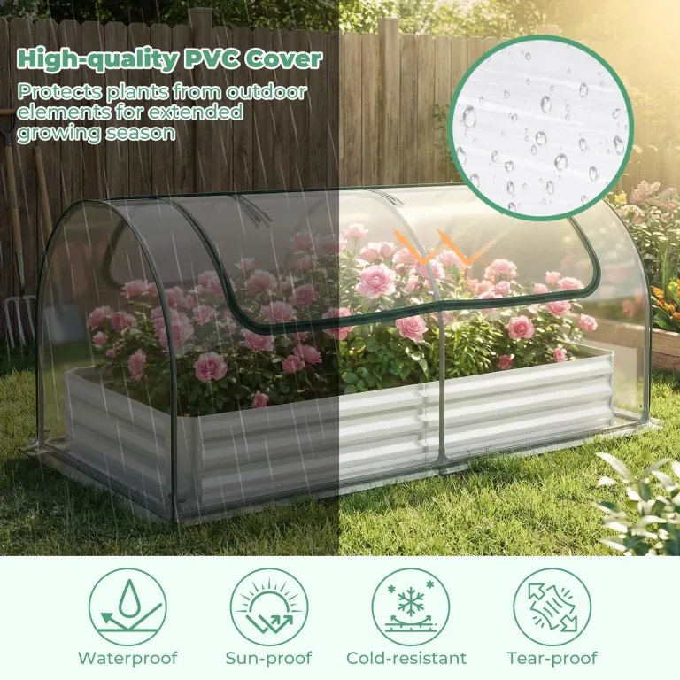 FANTASK 3 in 1 Gewächshaus mit Hochbeet, Foliengewächshaus mit PVC-Folie & 2 Fenstern, Rechteckiges Blumenbeet, Metall Pflanzkasten, Tomatenhaus für Garten, Terrasse & Balkon, 202 x 101 x 81 cm – Bild 5