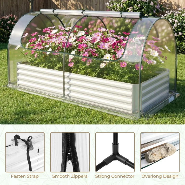 FANTASK 3 in 1 Gewächshaus mit Hochbeet, Foliengewächshaus mit PVC-Folie & 2 Fenstern, Rechteckiges Blumenbeet, Metall Pflanzkasten, Tomatenhaus für Garten, Terrasse & Balkon, 202 x 101 x 81 cm – Bild 7