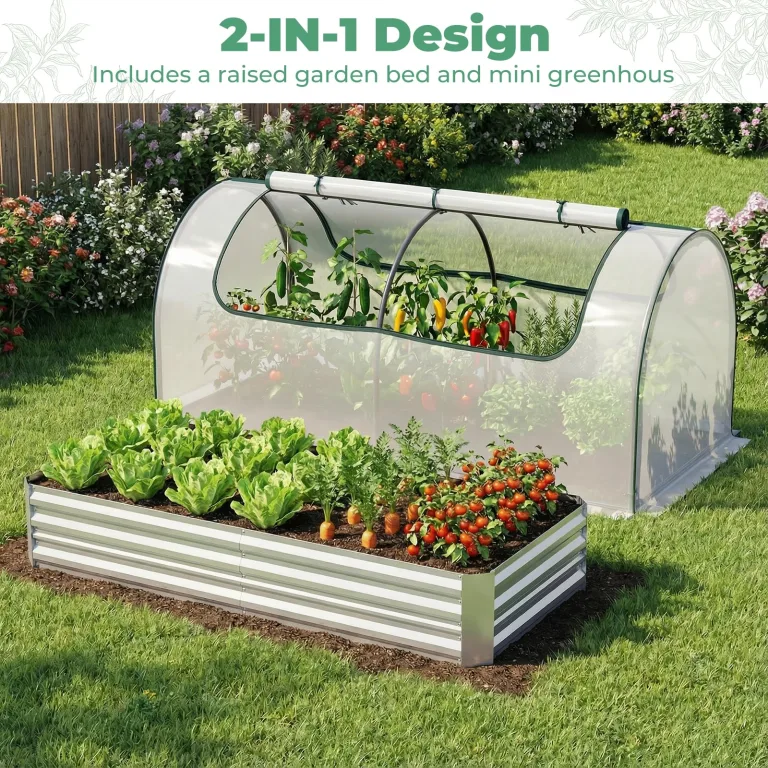 FANTASK 3 in 1 Gewächshaus mit Hochbeet, Foliengewächshaus mit PVC-Folie & 2 Fenstern, Rechteckiges Blumenbeet, Metall Pflanzkasten, Tomatenhaus für Garten, Terrasse & Balkon, 202 x 101 x 81 cm – Bild 9