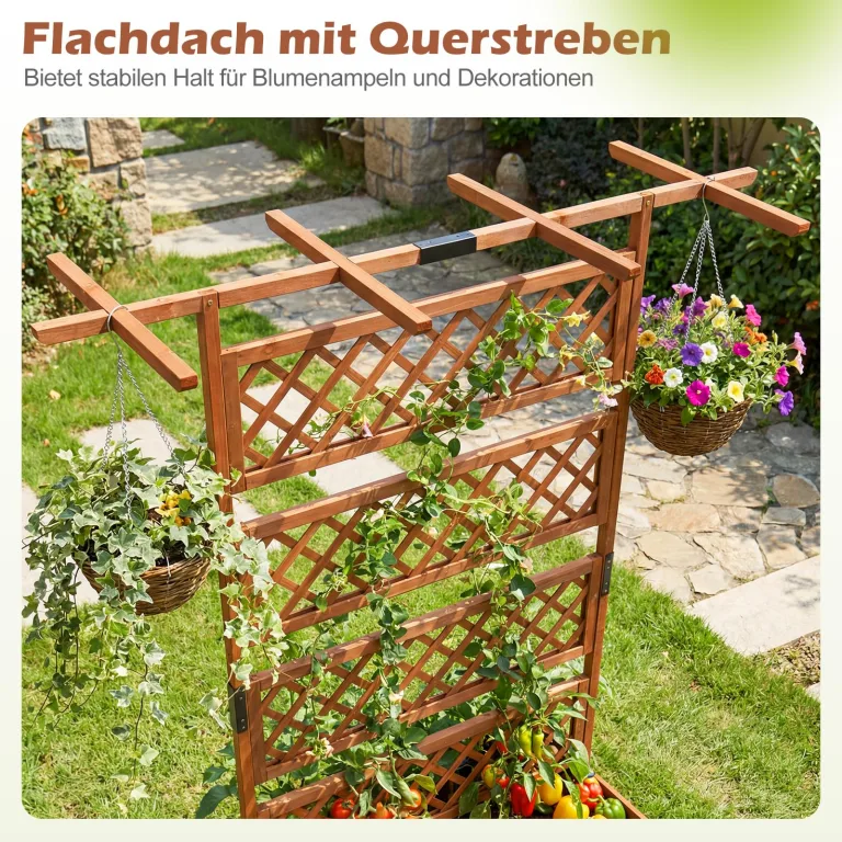 COSTWAY Blumenkasten mit Rankgitter & Dach, Pflanzkübel mit Sichtschutz, Pflanzkasten Tannenholz, Hochbeet mit Spalier, Drainagelöchern, Blumenkübel mit Rankhilfe für Kletterpflanzen, 100 x 55 x 183cm – Bild 4