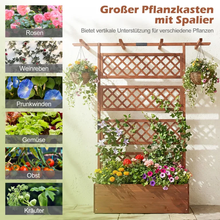 COSTWAY Blumenkasten mit Rankgitter & Dach, Pflanzkübel mit Sichtschutz, Pflanzkasten Tannenholz, Hochbeet mit Spalier, Drainagelöchern, Blumenkübel mit Rankhilfe für Kletterpflanzen, 100 x 55 x 183cm – Bild 6