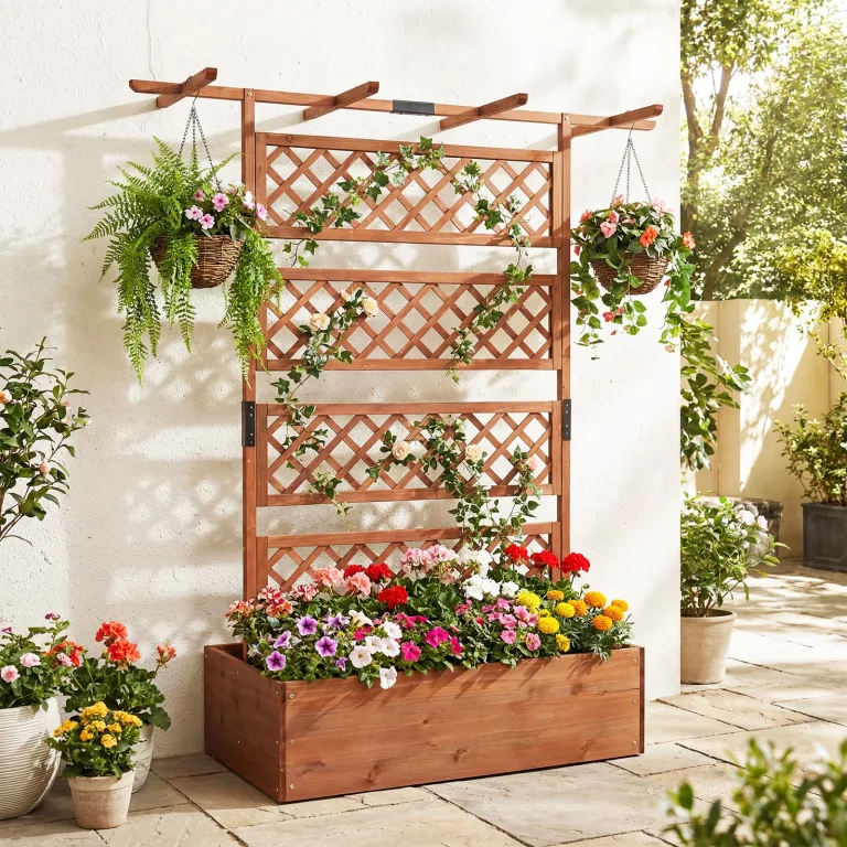 COSTWAY Blumenkasten mit Rankgitter & Dach, Pflanzkübel mit Sichtschutz, Pflanzkasten Tannenholz, Hochbeet mit Spalier, Drainagelöchern, Blumenkübel mit Rankhilfe für Kletterpflanzen, 100 x 55 x 183cm – Bild 8