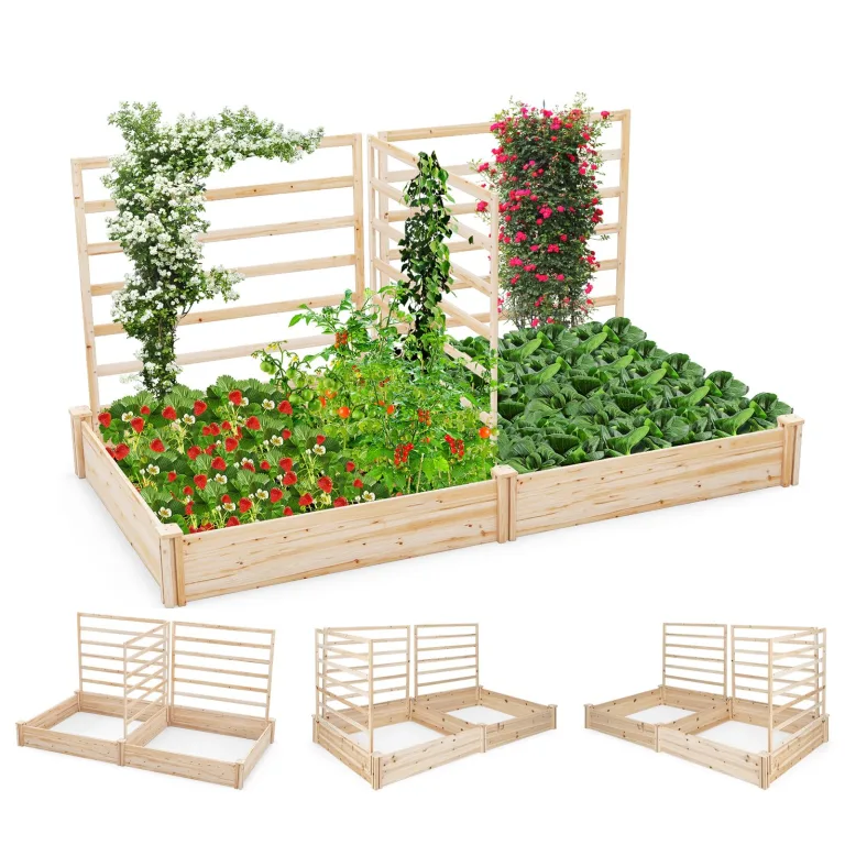 GOPLUS Blumenkasten mit Rankgitter, Hochbeet mit 3 Spalieren, Pflanzkasten mit Rankhilfe, Gartenbeet Gartenspalier aus Tannenholz, für Kletterpflanzen (222 x 114 x 110 cm,Braun) – Bild 7