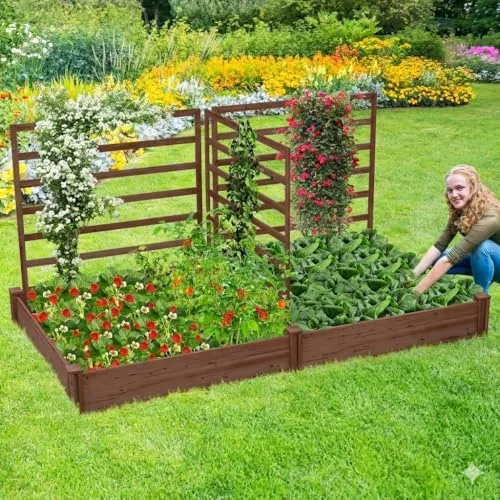 GOPLUS Blumenkasten mit Rankgitter, Hochbeet mit 3 Spalieren, Pflanzkasten mit Rankhilfe, Gartenbeet Gartenspalier aus Tannenholz, für Kletterpflanzen (222 x 114 x 110 cm,Braun) – Bild 10