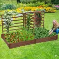 GOPLUS Blumenkasten mit Rankgitter, Hochbeet mit 3 Spalieren, Pflanzkasten mit Rankhilfe, Gartenbeet Gartenspalier aus Tannenholz, für Kletterpflanzen (222 x 114 x 110 cm,Braun) - Thumbnail 3