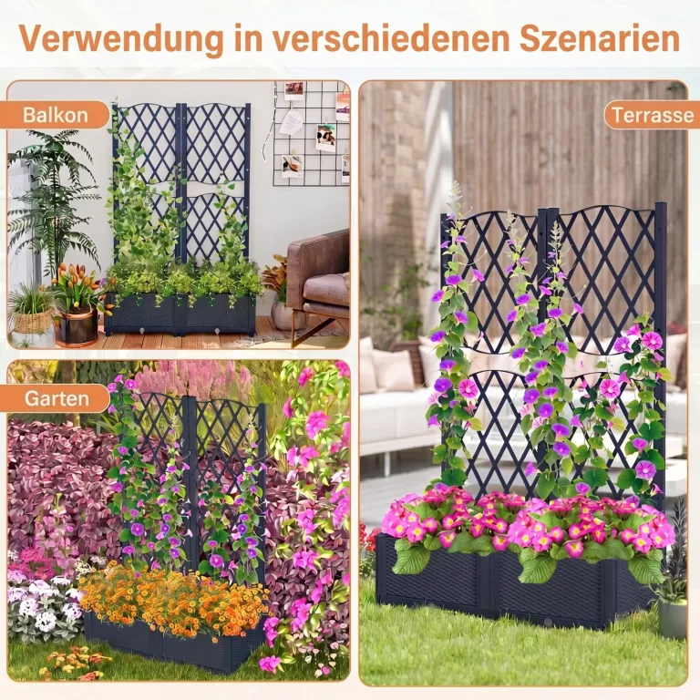 GOPLUS Blumenkasten mit Rankgitter, Hochbeet mit Spalier für Kletterpflanzen & Topfpflanzen, Tiefes Pflanzbeet mit Drainagelöchern für Balkon, Hinterhof & Garten (Grau,80 x 40 x 122 cm) – Bild 8