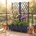 GOPLUS Blumenkasten mit Rankgitter, Hochbeet mit Spalier für Kletterpflanzen & Topfpflanzen, Tiefes Pflanzbeet mit Drainagelöchern für Balkon, Hinterhof & Garten (Grau,80 x 40 x 122 cm) - Thumbnail 9