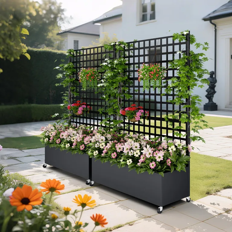 Hochbeet mit Sichtschutz 33cm tief | Metall Pflanzkasten mit Rankgitter & Rollen, wetterfest rostfrei, freistehend für Blumen, Kletterpflanzen, Tomaten, Garten Balkon Terrasse Privatsphäre(2 Stücke)