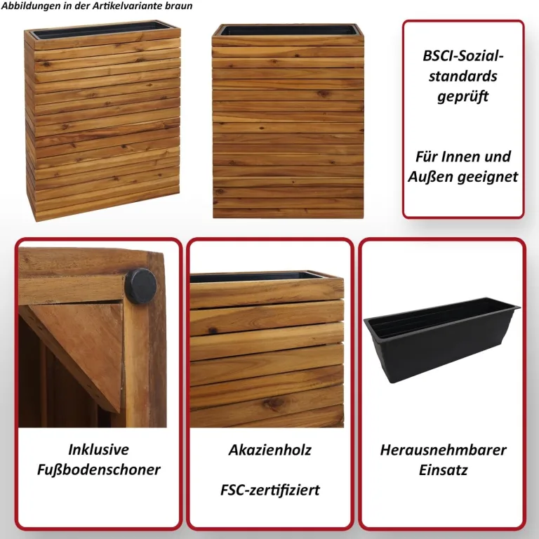 Mendler Pflanzkasten HWC-L21, Hochbeet Pflanzkübel Blumentopf, eckig 77x63x23cm Outdoor Akazie Holz FSC®-Zertifiziert - schwarz – Bild 2