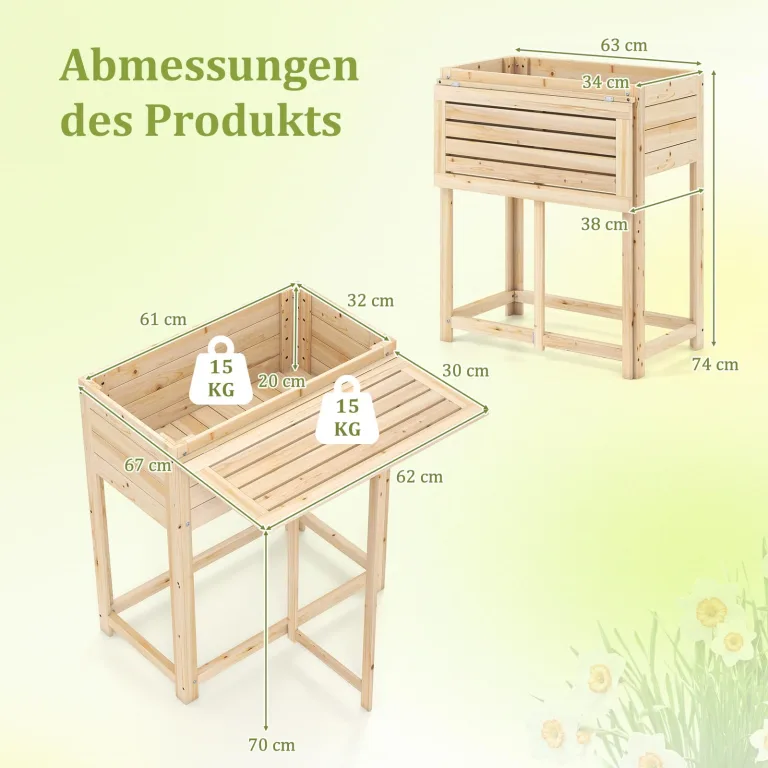 GOPLUS Hochbeet Holz, Gartenbett mit klappbarer Ablage, Blumenkasten mit Abflusslöchern, Pflanzenbehalter für Blumen, Gemüse & Kräuter, Pflanzkasten für Garten, Hof & Balkon, 63 x 67 x 74 cm, Natur – Bild 3