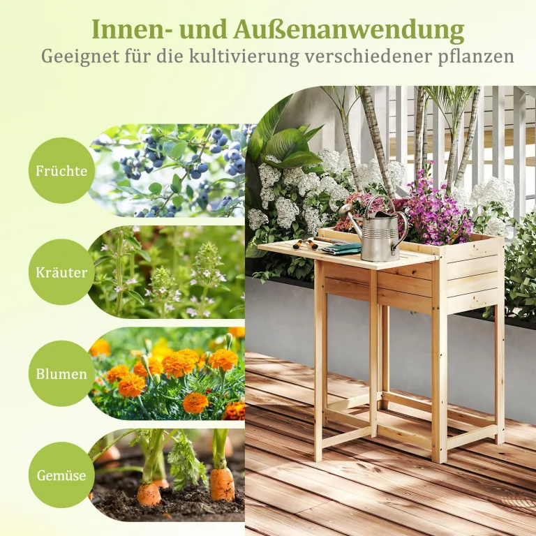 GOPLUS Hochbeet Holz, Gartenbett mit klappbarer Ablage, Blumenkasten mit Abflusslöchern, Pflanzenbehalter für Blumen, Gemüse & Kräuter, Pflanzkasten für Garten, Hof & Balkon, 63 x 67 x 74 cm, Natur – Bild 5