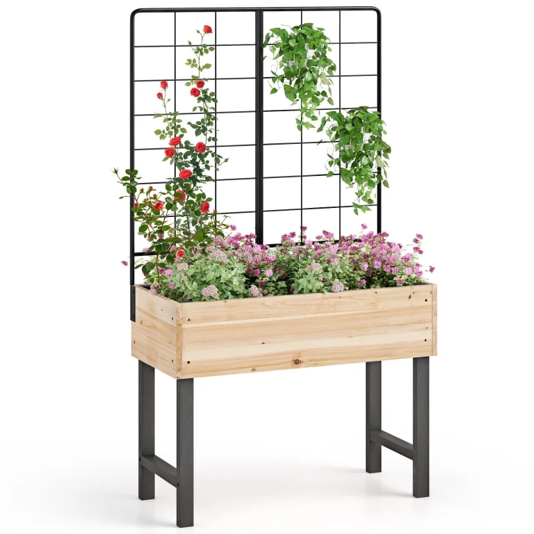 GOPLUS Hochbeet Holz, Gartenbett mit klappbarer Ablage, Blumenkasten mit Abflusslöchern, Pflanzenbehalter für Blumen, Gemüse & Kräuter, Pflanzkasten für Garten, Hof & Balkon, 63 x 67 x 74 cm, Natur – Bild 8