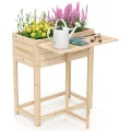 GOPLUS Hochbeet Holz, Gartenbett mit klappbarer Ablage, Blumenkasten mit Abflusslöchern, Pflanzenbehalter für Blumen, Gemüse & Kräuter, Pflanzkasten für Garten, Hof & Balkon, 63 x 67 x 74 cm, Natur - Thumbnail 1