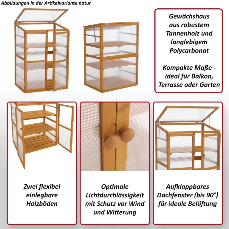 Mendler Gewächshaus HWC-Q13, Treibhaus Anzuchthaus Frühbeet Fenster verstellbar Holz FSC®-Zertifiziert 110x76x57cm - Natur – Bild 2