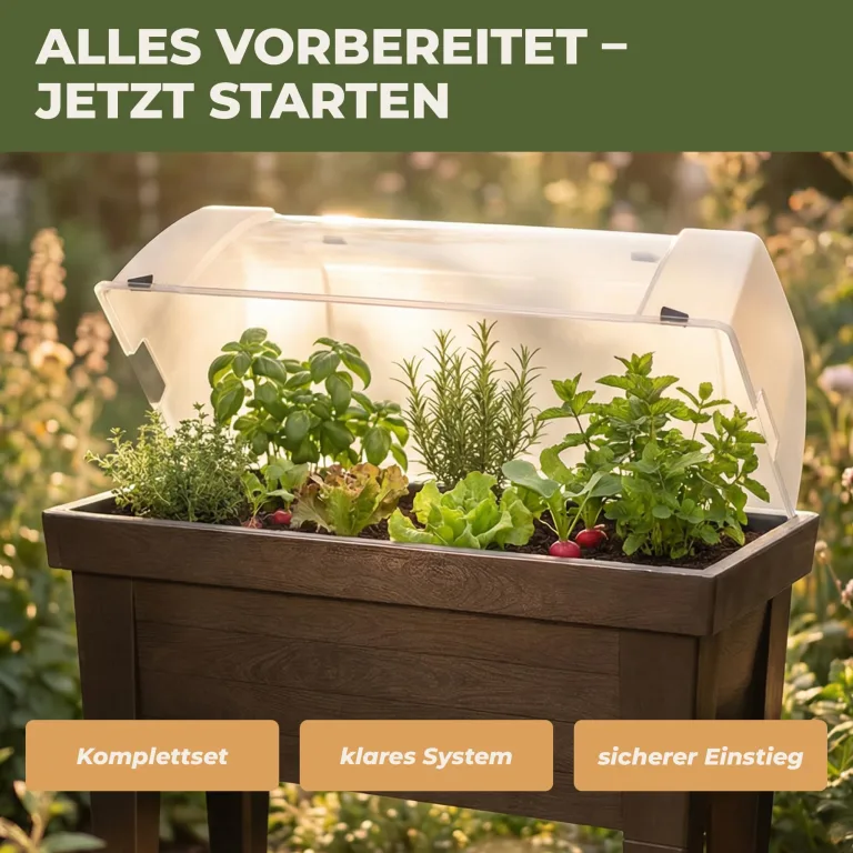 Green Home Hochbeet Set XXL 107 x 100 x 50 cm Balkon-Hochbeet mit Abdeckung als Frühbeet nutzbar inklusive Saatgut und Dünger Pflanzkasten aus Kunststoff für Kräuter und Gemüse – Bild 3