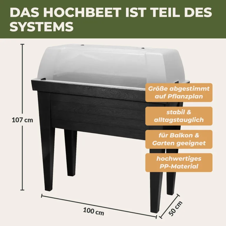 Green Home Hochbeet Set XXL 107 x 100 x 50 cm Balkon-Hochbeet mit Abdeckung als Frühbeet nutzbar inklusive Saatgut und Dünger Pflanzkasten aus Kunststoff für Kräuter und Gemüse – Bild 6