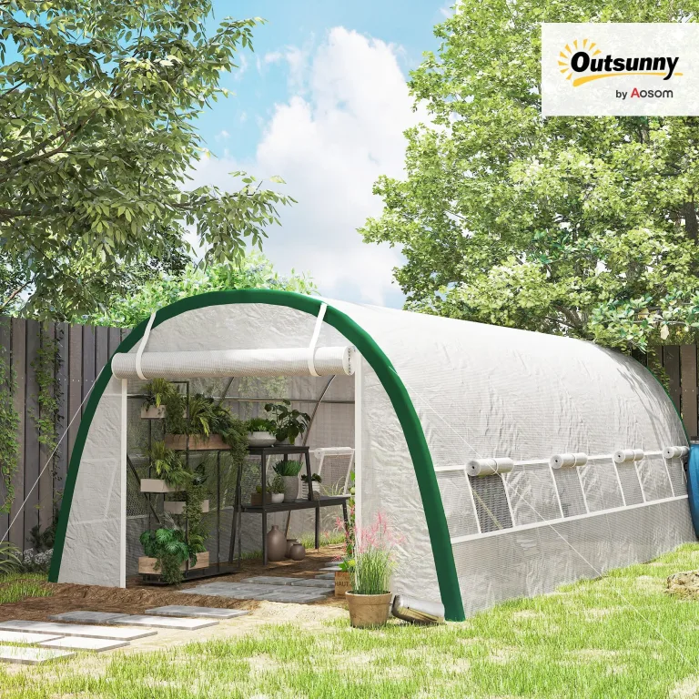 Outsunny Garten-Gewächshaus, Tunnel, 18 m², Tomatenhaus, Reißverschlusstür, aufrollbar, 8 Fenster, Rohrgestell aus verzinktem Stahl, Plane aus hochdichtem Polyethylen, 6 x 3 x 2 m, Weiß – Bild 2