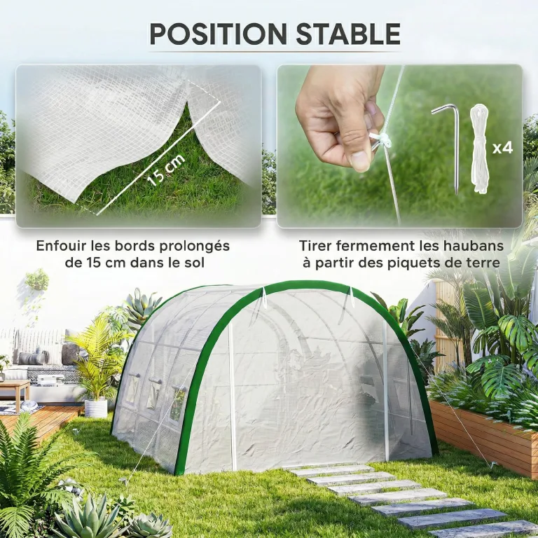 Outsunny Garten-Gewächshaus, Tunnel, 18 m², Tomatenhaus, Reißverschlusstür, aufrollbar, 8 Fenster, Rohrgestell aus verzinktem Stahl, Plane aus hochdichtem Polyethylen, 6 x 3 x 2 m, Weiß – Bild 5