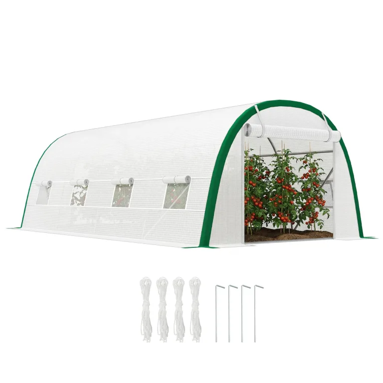 Outsunny Garten-Gewächshaus, Tunnel, 18 m², Tomatenhaus, Reißverschlusstür, aufrollbar, 8 Fenster, Rohrgestell aus verzinktem Stahl, Plane aus hochdichtem Polyethylen, 6 x 3 x 2 m, Weiß – Bild 1