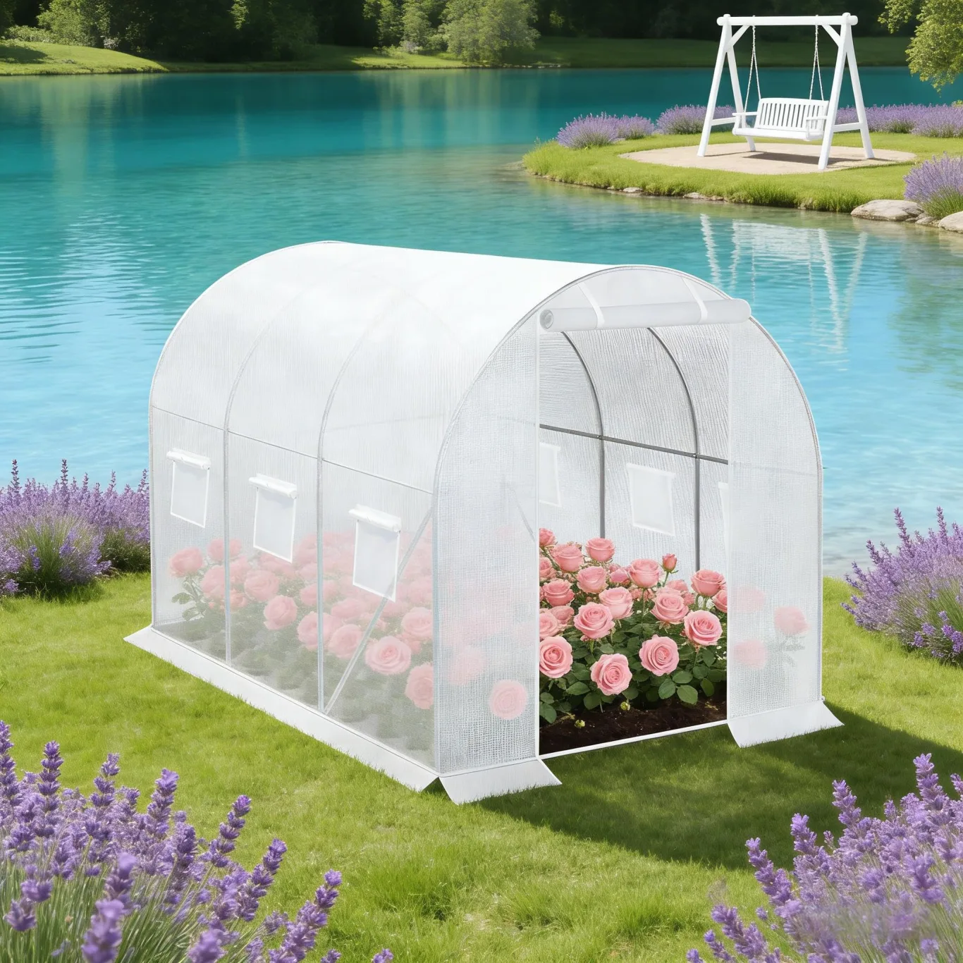 Großes begehbares Gewächshaus 200x300x190 cm – Winterfest, Rolltür & 6 Fenster, verzinktes Stahlgestell, Moskitonetz – als Tomatenhaus für Gemüse & Kräuter, Weiß - Bild 1