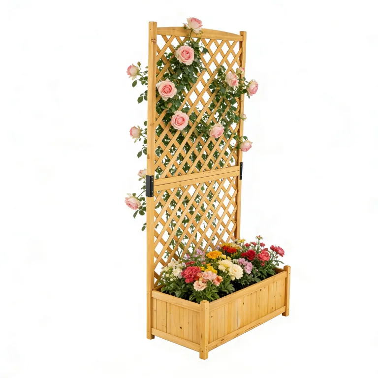 HOMASIS Pflanzkübel mit Rankgitter, Blumenkasten mit Spalier, Pflanzkasten Pflanzgefäß aus Massivholz, Hochbeet Rankkasten Gartenspalier Rankhilfe für Balkon, Garten, Terrasse, 90x44,5x180,5cm (Gelb) – Bild 1