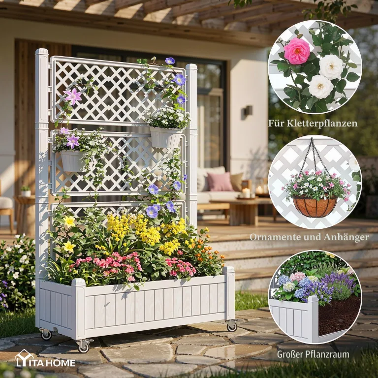 YITAHOME Hochbeete mit Rankgitter, Garten-Rankgitter mit Rädern, 108,5 x 44 x 155 cm, Drainagelöcher und Stopfen für Kletterpflanzen, erhöhter Übertopf hält 6,8 kg für Gemüse, Blumen, Obst (weiß) – Bild 4