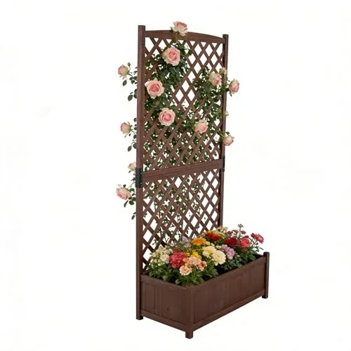 HOMASIS Pflanzkübel mit Rankgitter, Blumenkasten mit Spalier, Pflanzkasten Pflanzgefäß aus Massivholz, Hochbeet Rankkasten Gartenspalier Rankhilfe für Balkon, Garten, Terrasse, 90x44,5x180,5cm (Braun) – Bild 4