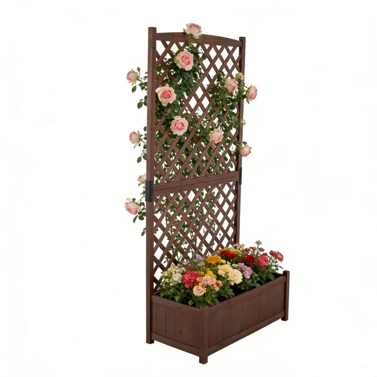 HOMASIS Pflanzkübel mit Rankgitter, Blumenkasten mit Spalier, Pflanzkasten Pflanzgefäß aus Massivholz, Hochbeet Rankkasten Gartenspalier Rankhilfe für Balkon, Garten, Terrasse, 90x44,5x180,5cm (Braun) – Bild 1