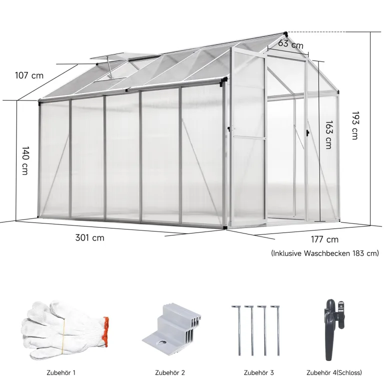 Gewächshaus Aluminium für den Garten | 177*300*193 cm | Vielseitig nutzbar als Treibhaus Gartenhaus Winterfest Aufzucht Tomatenhaus Frühbeet und Pflanzenhaus Weiß – Bild 2